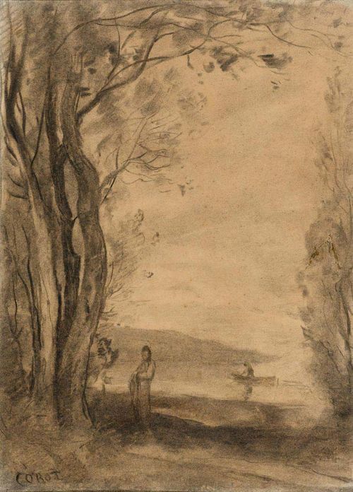 COROT, CAMILLE (1796 Paris 1875) Fisherman and boater, circa 1855-1860. Charcoal drawing with wash. Signed lower left: Corot 30.5 x 22.5 cm. Martin Dieterle confirmed the authenticity of this drawing in a letter dated 11.01.2008. The drawing will be included in a catalogue raisonné of Dieterle, Newhouse and Lebeau currently being prepared.