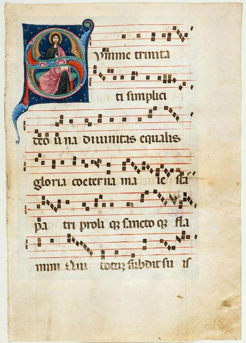 ILLUSTRATOR FROM THE VENETO OR EMILIA Sheet from an antiphonary with the initial S (umme trinitati semplici .... Resp. der Trinität) and a depiction of Christ enthroned. Veneto/Emilia, circa 1285-90, vellum. 52.5 x 37.5 cm. Initial ca. 13.2 x 11 cm. 6 Tetragrams. Genuine gold frame. Provenance: Private collection, Austria Private collection, Switzerland(since 2004) Bibliography: Friedrich Georg Zeileis, Più ridon le carte. Buchmalerei aus Mittelalter und Renaissance, Gallspach 2004, pp. 80-83