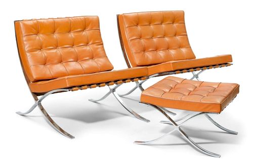 LUDWIG MIES VAN DER ROHE (1886 - 1969) PAIR OF EASY CHAIRS AND OTTOMAN, Model "Barcelona, MR90", 1929 design for Berliner Metallgewerbe Josef Müller, from 1948 for Knoll Associates International Chromium steel and light brown leather. This exemplar circa 1970-80.