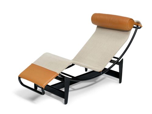 LE CORBUSIER, PIERRE JEANNERET & CHARLOTTE PERRIAND (1887 - 1965) (1896 - 1967) (1903-1999) LIEGE, Model "B306" (LC4), 1928 design for Thonet Frères & Embru, Rüti. Re-edition, Cassina from 1965 Black painted metal and beige linen with leather trim. Numbered 86176.