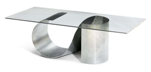 FRANÇOIS MONNET (1946) SIDE TABLE, 1969 Steel and smoked glass. 120x51x37 cm. The top with small scratch.