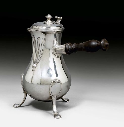 CHOCOLATE POT, Paris, after 1800. Maker's mark: J. Masse. Pear-shaped, three small feet. Smooth walls all around. With straight, turned wooden handle and movable finial. 773 g.