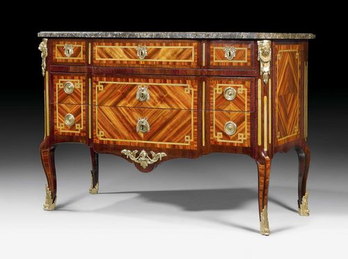 COMMODE, Transition, probably by R. VANDERCRUSE (Roger Vandercruse, maitre 1755), Paris circa 1775. Tulipwood and rosewood in veneer, inlaid with fillets and reserves. The three-drawer front with slightly salient central section, the lower drawers sans traverse, the top drawer narrower and divided into three. With fine bronze mounts and sabots. Shaped "Gris St. Anne" top. 128x61x91 cm.