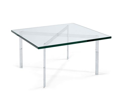 LUDWIG MIES VAN DER ROHE (1886 - 1969) BARCELONA TABLE, model "MR 150", designed in 1929 for Berliner Metallgewerbe Josef Müller, between 1932 and 1935 Bamberg Metallwerkstätten and Knoll, from 1948 Chromed steel and glass. This example manufactured c. 1970. 87.5 x 87.5 x 46.5 cm. Traces of wear.