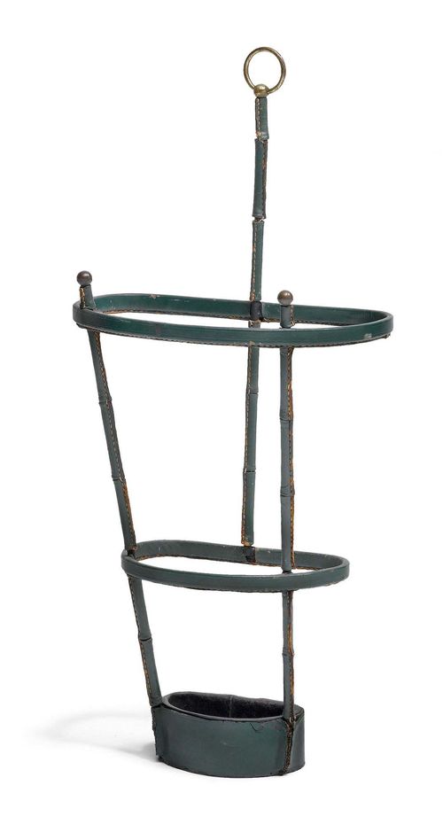JACQUES ADNET (1900 - 1984) UMBRELLA STAND, c. 1950 Green leather. 34 x 23 x 71 cm.