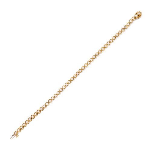 DIAMOND NECKLACE AND BRACELET. Yellow gold 750. Designed as a line of 93 brilliant-cut diamonds, weighing ca. 15.00 ct. in total, in collet settings. L ca. 43.5 cm. Matching bracelet with 45 brilliant-cut diamonds, weighing ca. 3.15 ct in total. L ca. 18.5 cm.