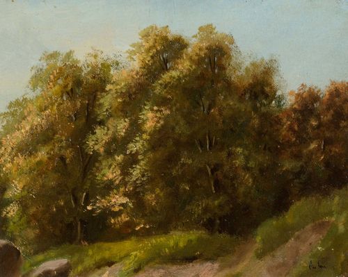 Follower of CALAME, ALEXANDRE (Vevey 1810 - 1864 Menton) Study of a forest. Oil on board. Monogrammed lower right: A. C. 13.5 x 18.5 cm. Provenance: - collection of Arnold Corrodi, Zurich (label verso). - collection of Prof. H. Corrodi, Rome (label verso). - Swiss private collection.