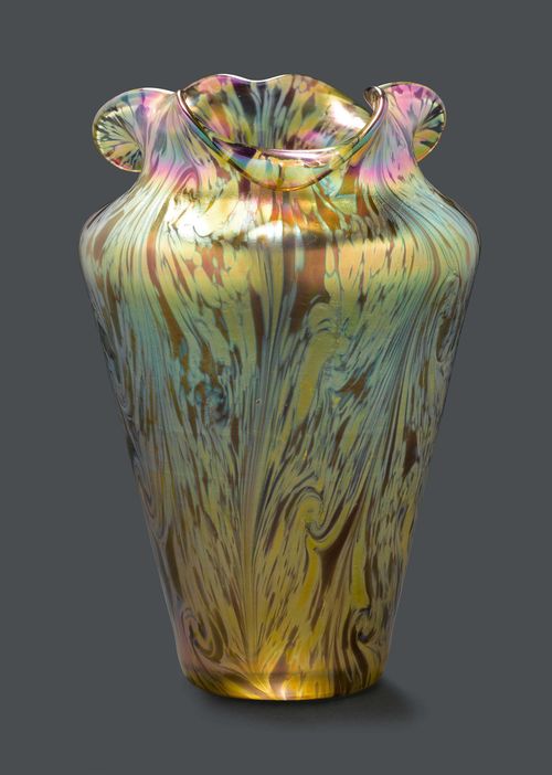 Attributed to LOETZ VASE, circa 1900 Colourless glass, iridescent-green and violet. Conical with curved top. H 20 cm.