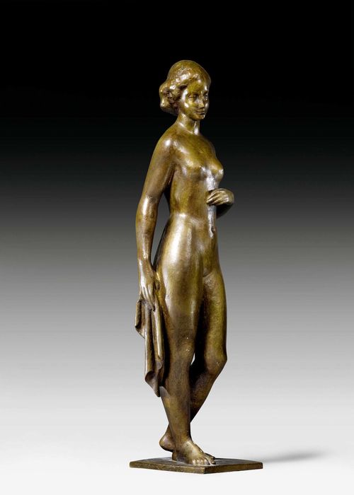GERMAN,monogramed "W" and dated 1939. Bronze with brown patina. Standing female nude with cloth. H 46.5 cm.