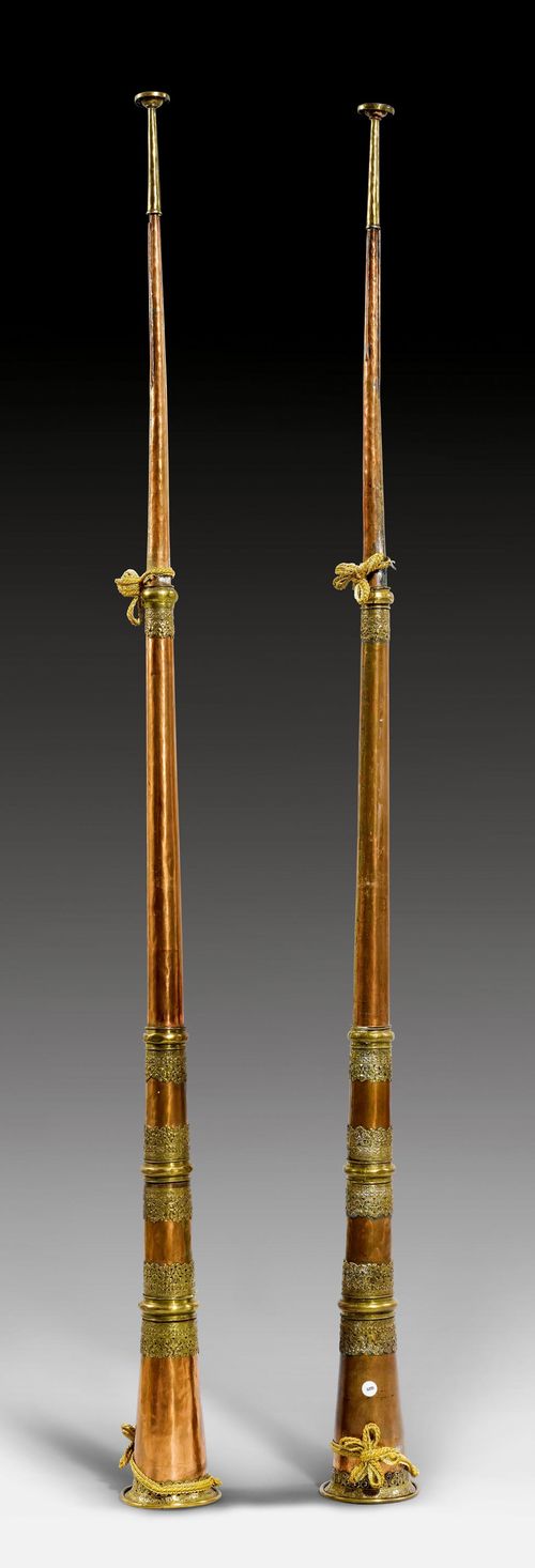 A PAIR OF COPPER TRUMPETS WITH BRONZE FITTINGS. Tibet, 20th c. Height 177-180 cm. (2)