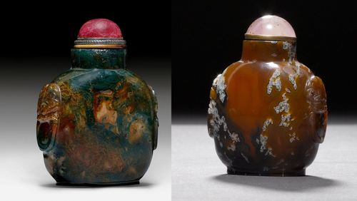 TWO STONE SNUFF BOTTLES. China, Height 5.2-5.6 cm. a) Agate with dark- and light-brown grain and white speckles. Amethyst stopper. b) Moss agate with lion maskarons and ring handles. Raspberry quartz stopper. (2)
