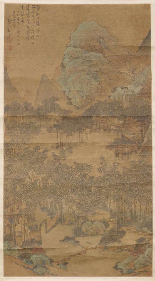 HANGING SCROLL WITH A MOUNTAIN LANDSCAPE. China, Qing Dynasty, 116 x 64. Ink and light colours on silk. Inscription top left, signature, two artist seals and a collector's seal at the bottom right. Severely browned, slight restoration, folds.