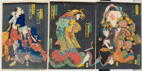 UTAGAWA KUNISADA I (TOYOKUNI III) (1786-1865). Ôban. Four triptychs, a diptych with additional sheet of Kabuki scenes. One triptych thereof shows scenes from 1st, 2nd and 3rd acts of the play Kanadehon Chûshingura, with embossed printing. Ôju ki-ô Toyokuni ga signature in Toshidama cartouche, date seal 3rd month 1862. All signed with Toyokuni ga variations in Toshidama cartouche, publisher and date seal. Some worm damage and minor deterioration. (15)