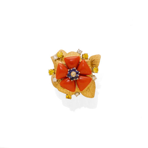 CORAL, SAPPHIRE, CITRINE AND DIAMOND RING.