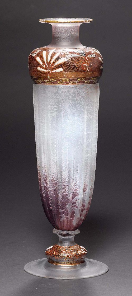 DAUM NANCY VASE, ca. 1900. White glass, etched and enamelled. Baluster-shaped, decorated with flowers and dragonflies. Signed Daum Nancy. H 25 cm.