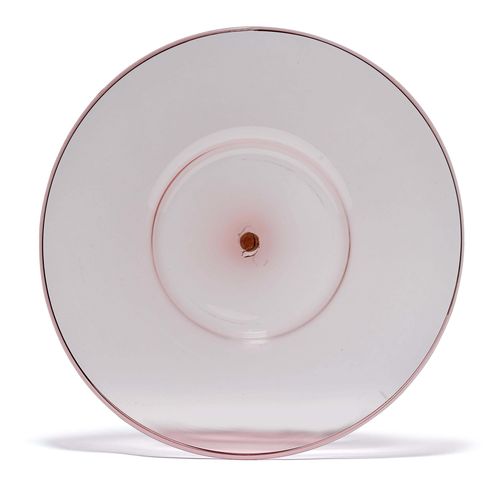VITTORIO ZECCHIN (1878 - 1947) FLAT GLASS BOWL, designed between  1921 and 1925 for Cappelin Venini & C. Pink, tinted glass. D 50 cm. Bottom with label: Vetri Soffiati Muranesi Cappellin Venini & C.