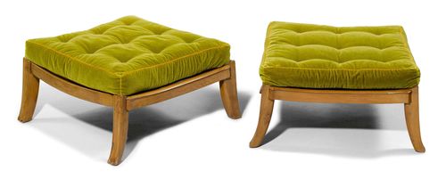 FRENCH PAIR OF STOOLS, ca. 1940. Tropical wood and green velvet cover. 75x67x40 cm.