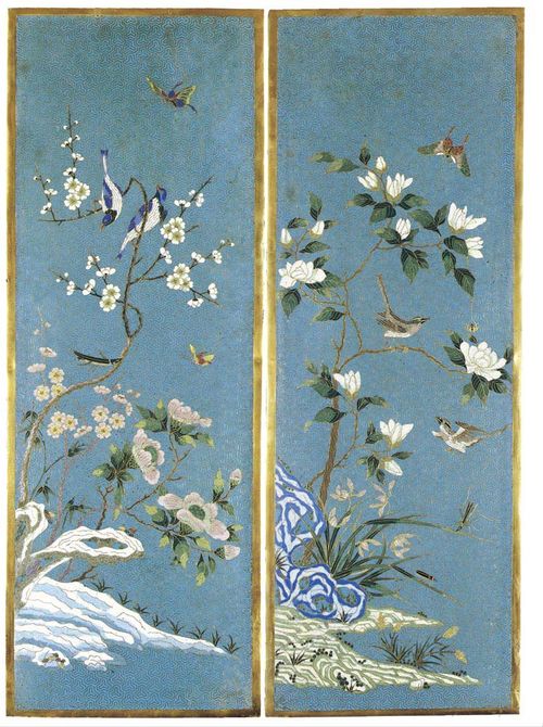 A PAIR OF PICTORIAL PANELS made of multi-colored cloisonné enamel, with gilding. On a background of a turquoise brocade pattern, depictions of cherry blossoms and peonies with magpies, butterflies and a cricket. The other panel shows magnolias and daffodils, birds, insects and butterflies. Elegant execution. China, late 18th century, each 74.5x27 cm. Framed. (2)