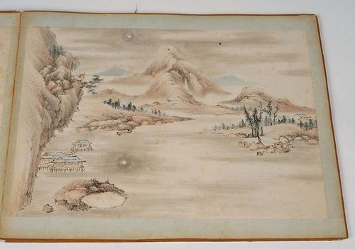 DAI XI (19th century), Album with eleven landscape scenes. Ink and light color on paper. The last one is dated, signed and bears a seal. China, 1812 or 1872, 27x38 cm. Mounted as a leporello. One side is loose. Mildewed.