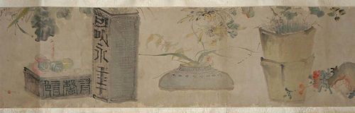 JIANG JIE (19th century), Transverse scroll, Indian ink and light colors on paper. Fruits, flowers, mushrooms, lotus roots, tea pot. On the bottom: date, signature, artist's seal. Collector's seal of the famous Cantonese collector Ye Menglong (surname: Ye Yungu). China, 19th century. 25.5x 339 cm. Relatively recently mounted with an empty colophon page. Original paper damaged around the edges.