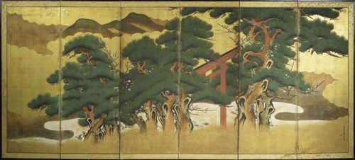 SIX-PART FOLDING SCREEN. Indian ink and color on a golden background. Classic representation of pines on the edge of the ocean. Between the pines, blossoming plum trees. A red temple door appears in the mist. In the background, hills are rising out of the clouds. On the beach, shells in various shapes. Signed: Hokkyo Tanino Eisetsu zuga. Seal: zuga and Tanino Eisetsu. This artist received his licence for the Kano School in 1746. Japan, 18th century. 165x370 cm. Partially restored.