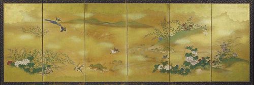 SIX-PART FOLDING SCREEN. Autumn flowers and grasses along a river, in the background, green hilly ranges. Various types of birds enjoying themselves in a riverine landscape. Elegant folding screen with clouds in gold leaf and a lot of sprinkled gold which gives the scene a magical touch. Unknown artist of the Tosa School. Japan, 18th/19th century. 106x304 cm. Well-preserved.