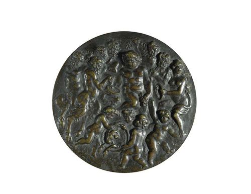 BRONZE PLAQUE, Renaissance, Netherlands or Italy, in the style of the 16th century. Patinated bronze. Depicting Bacchus with satyrs, putti and Bacchantes. D 13.3 cm. Lit.: K. Pechstein, Bronzen and Plaketten, Berlin 1968; No. 266 and 267.