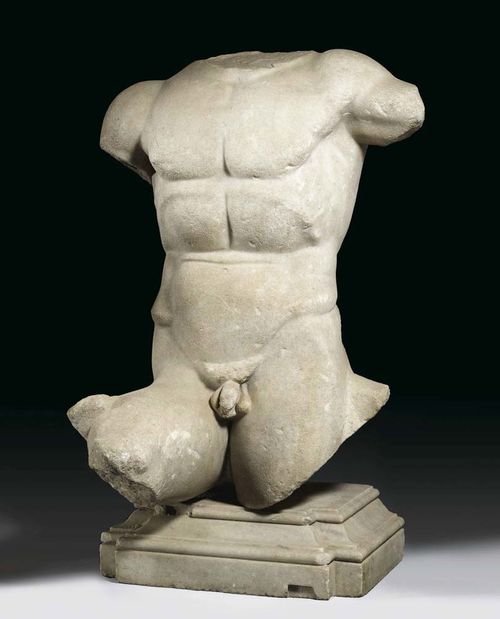 MALE TORSO, after the Greek model from 2nd century BC, Roman 2nd century. White marble, on moulded plinth. H with plinth 74 cm.