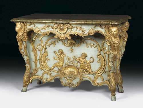 IMPORTANT CONSOLE "AUX AMOURS", Louis XV, probably after designs by F. CUVILLIES (François Cuvilliés, 1697-1768), Munich 1740/60. Finely carved wood with putti, female busts, musical instruments and cartouches, gilded and partly painted in lime green. The top marbled. 137x63x95 cm. Provenance: - Galerie Koller Zurich 6.6.2000 (lot. 1583). - from an important Swiss private collection.