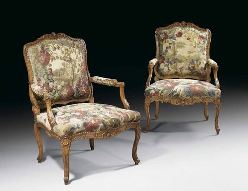 PAIR OF LARGE TAPESTRY FAUTEUILS "A LA REINE", Louis XV, stamped J. GOURDIN (Jean-Baptiste Gourdin, maitre 1748), Paris circa 1750. Moulded and richly carved beech. The tapestry covers from Manufacture des Gobelins with landscape scenes and floral cartouches in very good condition. 75x63x48x99 cm. Provenance: Private collection, Switzerland. A fine pair in good condition.