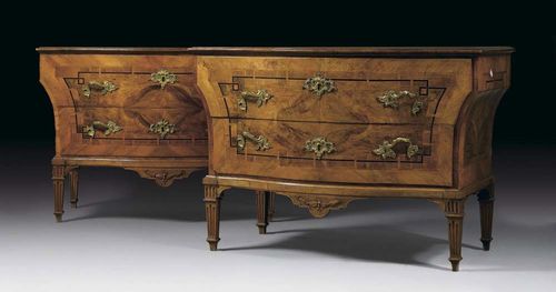 PAIR OF CHESTS OF DRAWERS, Louis XVI, probably Mainfranken  circa 1780. Walnut, burlwood, cherry and local fruitwoods in veneer also inlaid with star motifs, fillets and frieze. Tapering form with centrally shaped front and 2 sans traverse drawers. Later gilt bronze mounts. 125x63x87 cm.