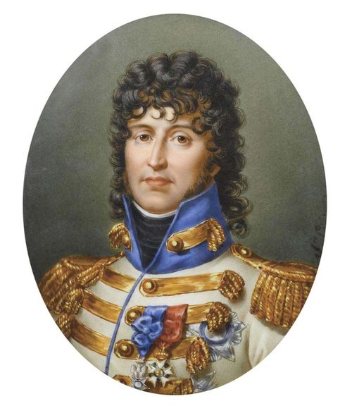 France, circa 1800. Signed Sophie Liénard. Oil on porcelain Depicting Joachim Murat (born 25. March 1767 in Labastide-Fortunière, today Labastide-Murat; died 13. October 1815 in Pizzo, Calabria). Brother in  law to Napoleon and later king of Naples.  14.5x11.7 cm. In oval gilt frame.