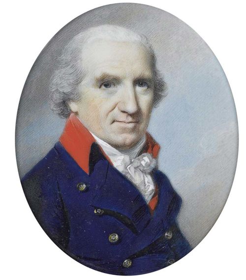 England circa 1790. George Engleheart (1750-1829) attributed. Mixed media on ivory. Depicting a nobleman in blue coat with red collar.  8x6.5 cm. In narrow gold frame.