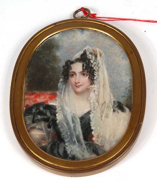 France circa 1820. Simon Jaques Rochard (1788-1872), attributed. Mixed media on ivory. Depicting a pretty young woman in low cut black dress. 10.7x8 cm. In metal ring. Small crack lower right. Ex Coll. Schidlof