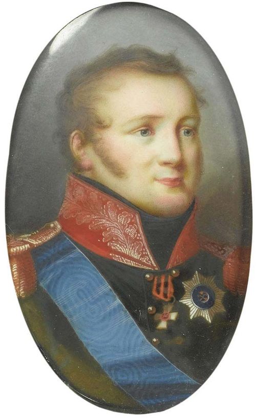 Russia circa 1815. Pietro de Rossi (1761-1831), court painter, attributed. Mixed media on ivory. Depicting Tsar Alexander I Pawlowitsch (1777-1825), in blue uniform with orders of St Andrew and St George.  6x3.6 cm. In narrow gold frame.