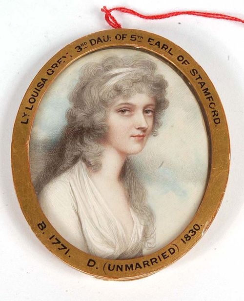 England, circa 1790. Andrew Plimer (1763 Wellington 1837) , attributed. Mixed media on ivory. Depicting Louisa Grey (1771-1830) "3rd Dau of 5TH Earl of Stamford ".  7.5x5.9 cm. In oval wooden frame.