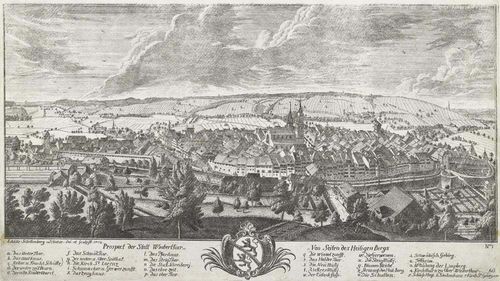 WINTERTHUR.- Schellenberg, Johann Ulrich, 1752. Prospect of the city of Winterthur - From the side of the Holy Mountain. Copper engraving. 27.3 x 57 cm. Framed. - Very nice engraving, perfectly preserved.