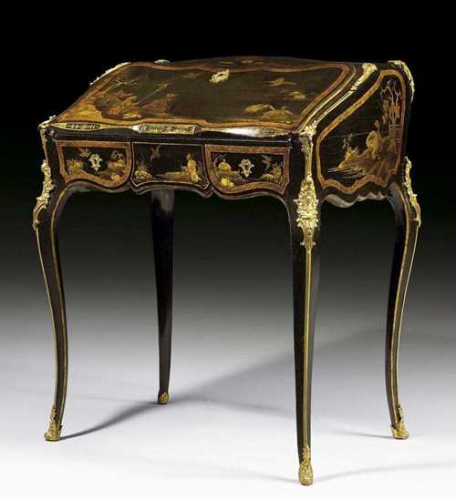 LACQUER LADY'S DESK, Louis XV, sign. J. DUBOIS (Jacques Dubois, maitre 1742), Paris circa 1760. Wood, lacquered on all sides in "goût japonais" with pagoda and park figural scenes and exotic birds on black ground. The desk with fall front writing surface lined with black leather, the fitted interior inlaid with purpleheart, with drawers, large compartment and secret compartment. Exceptionally fine matte and polished gilt bronze mounts and sabots. Freestanding. 74x50x(open 88)x91 cm. Provenance: from a very important private collection, Switzerland.