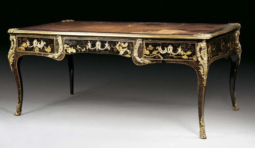 LACQUER BUREAU-PLAT, late Louis XV, in the style of J. DUBOIS (Jacques Dubois, maitre 1742), Paris, 19th century Wood, lacquered on all sides with idealised park and pagoda landscapes and lozenge pattern in two gold tones on black ground. The shaped top edged in bronze and lined with (damaged) brown leather, on frieze in "contour à l'arbalète", over central drawer flanked by 1 drawer each side. The same but sham arrangement verso, Gilt bronze mounts and sabots. One sabot missing.  180x96x77 cm.
