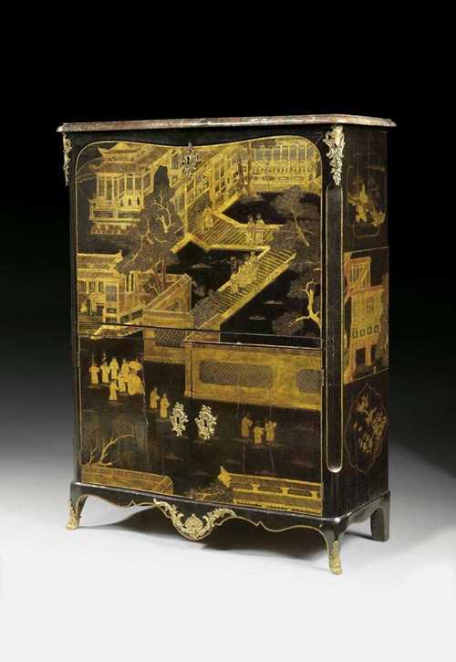 LACQUER SECRETAIRE "A ABATTANT", Louis XV, Paris circa 1760. Wood lacquered on all sides in "goût chinois"; with polychrome pagoda and park figural scenes on black ground. Fall front writing surface lined with brown gold-stamped leather, the fitted interior large central compartment and further compartments and drawers, gilt bronze mounts and sabots and moulded grey/pink speckled marble top. Requires some restoration. 97x37x(open 82)x134 cm. Provenance: from a very important private collection, Switzerland