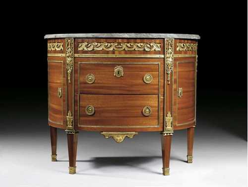 PRINCELY DEMILUNE CHEST OF DRAWERS, Louis XVI, stamped C. TOPINO (Charles Topino, maitre 1773), guild stamp, with brand mark for family ARRIVABENE VALENTI GONZAGA, Paris circa 1780. Tulipwood veneer. The front with 2 sans traverse central drawers under drawer, flanked by 1 door each side, exceptionally rich matte and polished gilt bronze mounts and sabots and shpaed "Gris St. Anne top.103x53x88,5 cm. Provenance: - collection of the family Arrivabene Valenti Gonzaga, Italy. - from a very important private collection, Switzerland. Exceptionally fine and high quality chest of drawers.