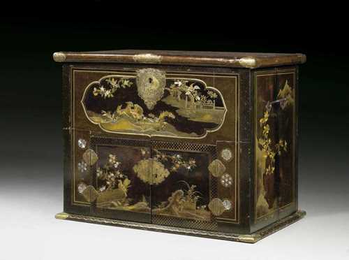 LACQUER COFFER, Louis XVI, probably Japan, 18th century Wood lacquered on all sides with "laque du Japon" in 2 gold tones and inlaid with mother of pearl: with idealised park landscape, birds, flowers and leaves on black ground. The front with double door, painted fitted interior with small central door, flanked by 2 drawers under 2 rows of drawers, bronze mounts and iron handle. Requires some restoration. 103x60x80 cm. Provenance: from a very important private collection, Switzerland.