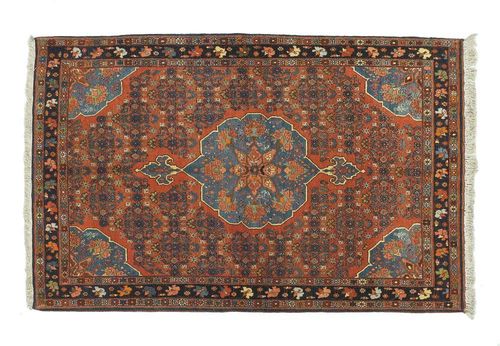 BIDJAR old. Red central field with blue central medallion and corners, stylised flowers and black border. Good condition.173x117 cm.