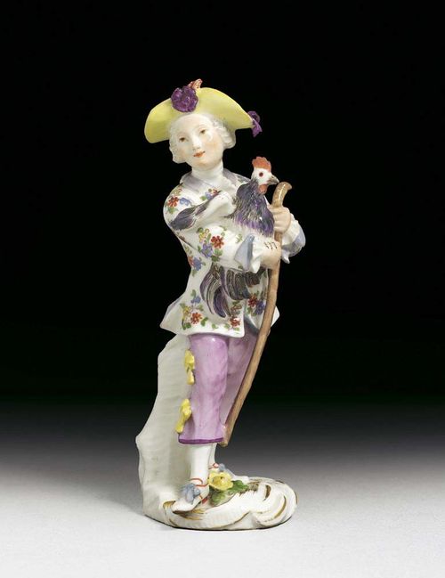 SMALL FIGURE OF A ‚GENTLEMAN' WITH COCKEREL, Meissen, mid 18th century. Standing with a walking stick and a cockerel holding on his right arm, rocaille base, picked out in gilding, no mark, 14cm, minimal restoration.