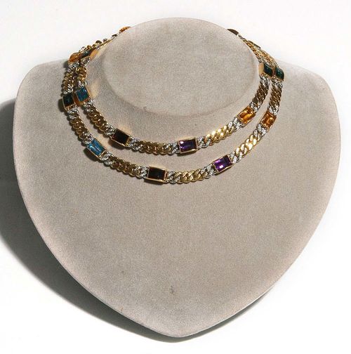 GEMSTONE, DIAMOND AND GOLD NECKLACE. Yellow gold 750 and white gold 585. Fancy chain-link necklace, set with 20 rectangular gemstones: 4 amethysts, 4 citrines, 4 garnets, 4 tourmalines, 4 treated topazes, totaling ca. 25.00 ct. Additionally decorated with numerous diamonds totaling ca. 2.00 ct, set in white gold. L ca. 75 cm.