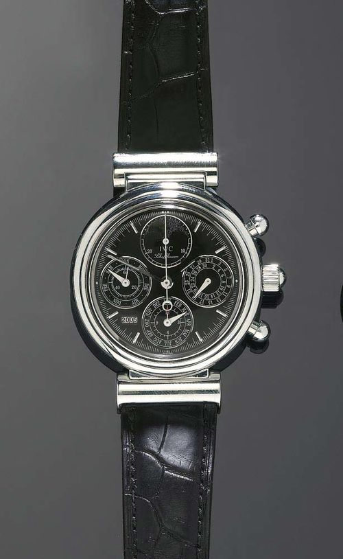 GENTLEMAN'S WRISTWATCH, CHRONOGRAPH with MOONPHASE, IWC DA VINCI. Steel. Steel case No. 2882323 with black dial, light indices and hands, 3 chrono counters. Ref. 3750 28, Automatic, Chronograph, moon phase. Black leather strap. Unworn, with case and guarantee 2006