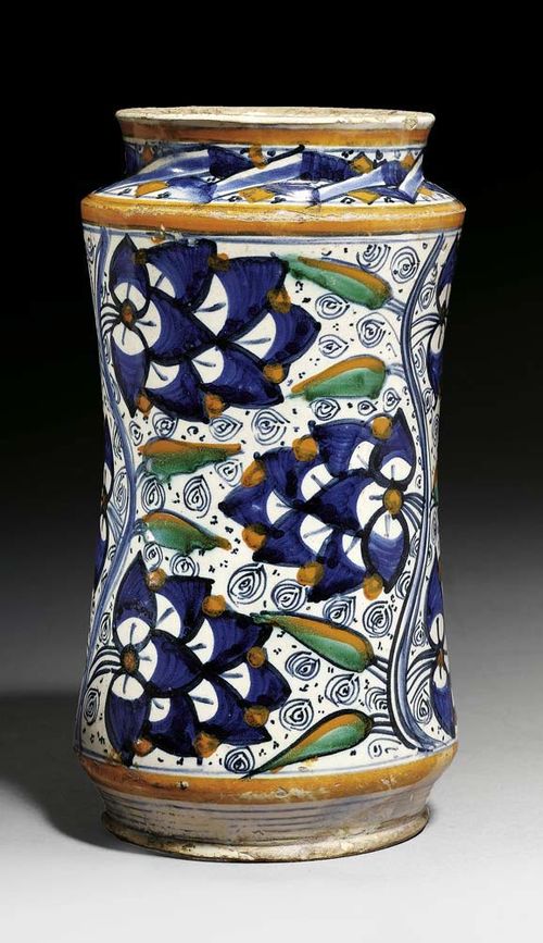 ALBARELLO, Tuscany, Montelupo, early 16th century.  Painted in cobalt blue, heightened in copper green and orange red. H. 22.5cm With minor chips to the edge. Provenance: private collection, South Germany.