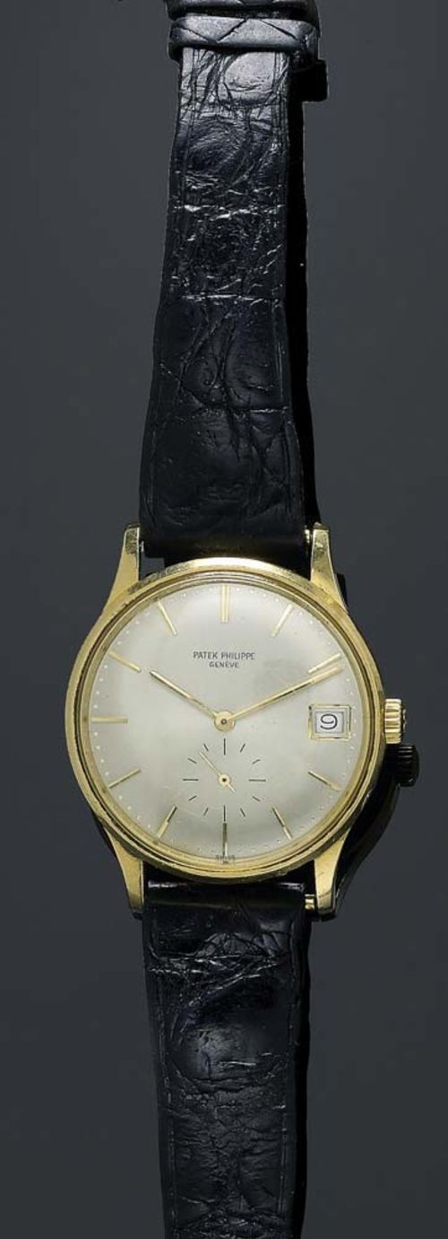 GENTLEMAN'S WRISTWATCH, AUTOMATIC, PATEK PHILIPPE, 1964. Yellow gold 750. Round gold case No. 317611 with polygonal screwed back. Silver-coloured dial with gold indices and hands, small second hand, date window at 3. Glass slightly scratched. Ref. 3514, Automatic, Movement No. 1122766, Cal. 27-460M. Black leather strap with original gold clasp. With archive extract 2006.