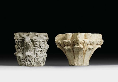 TWO MARBLE CAPITALS OF SIMILAR DESIGN, Roman, 1 to 3 century AD. White marble. Some losses. H 35 cm. Provenance: - formerly Donati, Lugano. - Private collection, Lugano.