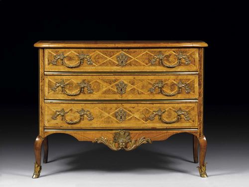 CHEST OF DRAWERS, Louis XV, by M. FUNK (Mathäus Funk, Murten 1697-1783 Bern), Bern circa 1745. Walnut and burlwood in veneer and finely inlaid with lozenge and diamond patterns. The top edged in brass moulding, 3 frontal drawers, exceptionally fine matte and polished gilt bronze mounts, sabots and applications. Lined inside with blue paper, including original Herrenhuther Kleisterpapier. 115x65x88 cm. Provenance: Private collection, Netherlands. A very fine elegant chest of drawers in almost untouched condition. Lit.: H. von Fischer, Die Kunsthandwerker-Familie Funk im 18. Jahrhundert, Bern 1961. Ibid., Fonck.a.Berne, Bern 2001; p. 63 (ill. 68, similar piece).